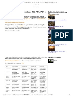 Códigos de GTA 5 para Xbox 360, PS3, PS4 e Xbox One - Dicas e Tutoriais -  TechTudo, PDF, Videogames